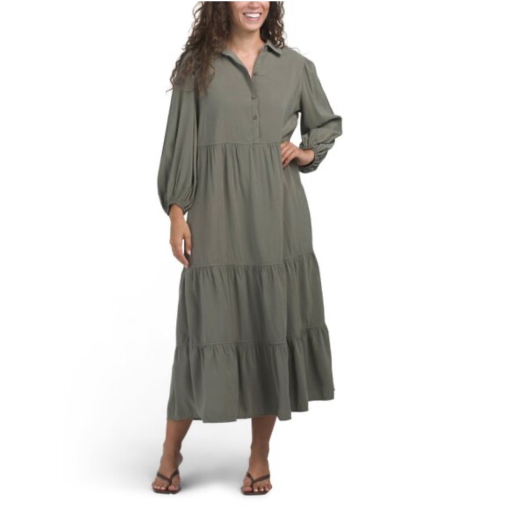 Women’s Olive Tiered Button-Front Maxi Dress